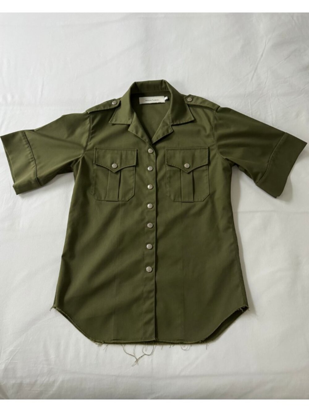 Marques' Almeida "Safari" Twill Button-Down Shirt | Sz S | Olive Green | Raw Hem